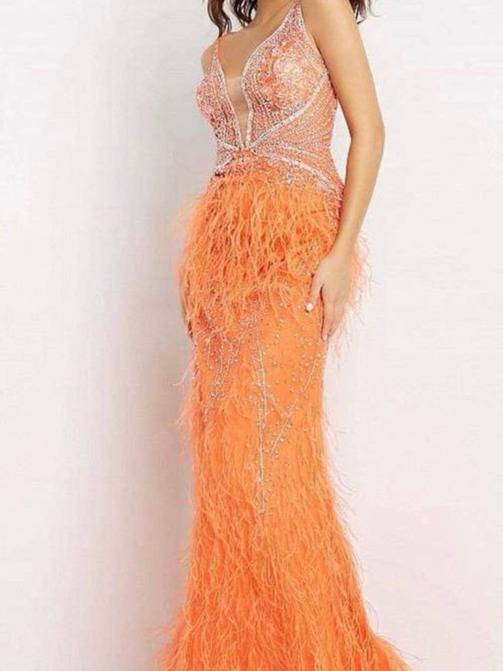 Jovani Orange Feather & Crystal Embellished Prom Gown